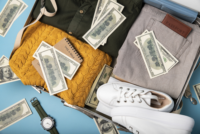 Mala aberta com roupas e dólares organizados para transportar dinheiro em viagem internacional, combinando dinheiro em espécie, cartão de débito internacional e carteira de viagem 