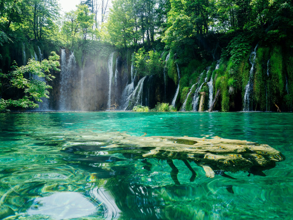 Vista do lago Plitvice e suas quedas d'agua, com águas cristalinas cor verde água.