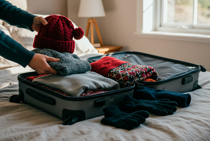 Pessoa arrumando mala para viagem com roupas para inverno rigoroso.